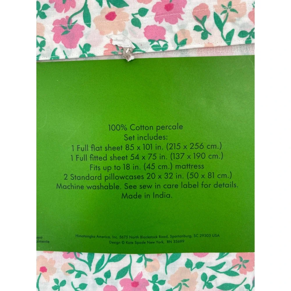 Kate Spade Floral Sheet Set Full White Pink Cotton Percale Garden Cottage
